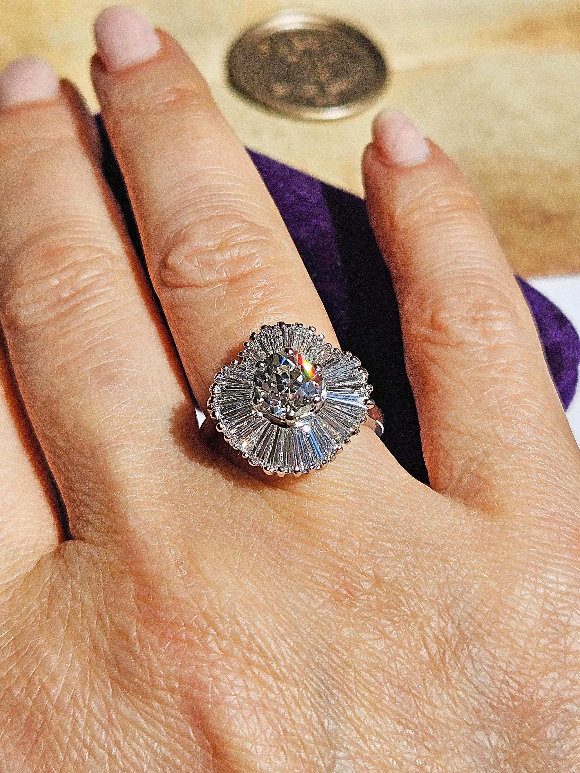 Vintage GIA 4.06ctw Old European Cut Diamond Ballerina Cocktail Platinum Ring For Sale 3
