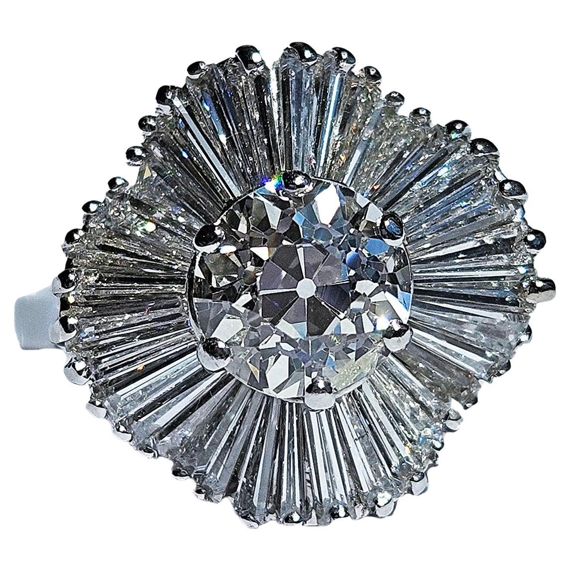 Vintage GIA 4.06ctw Old European Cut Diamond Ballerina Cocktail Platinum Ring For Sale