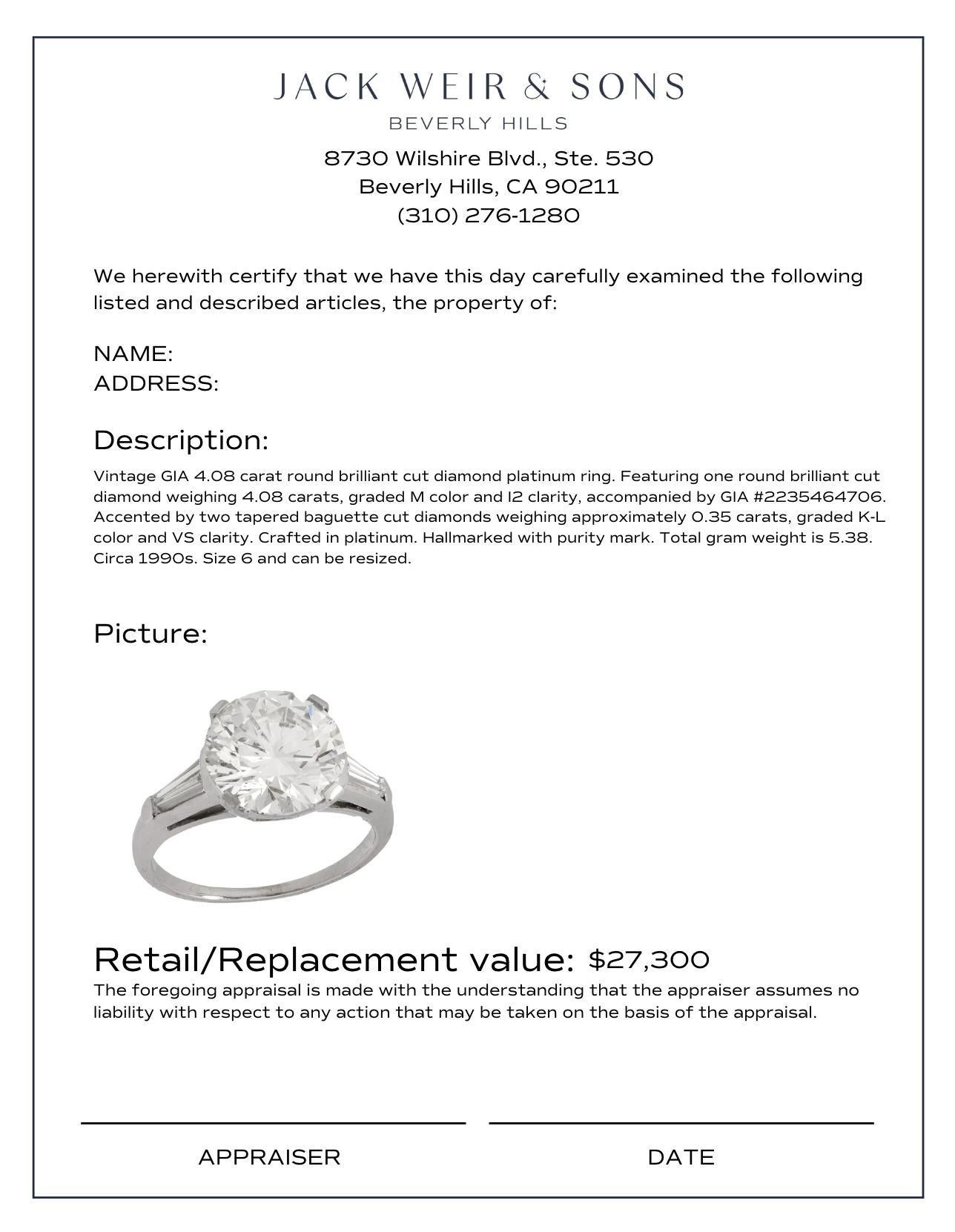 Verlobungsring aus Platin mit GIA 4.08 Karat Diamant im Vintage-Stil Damen im Angebot