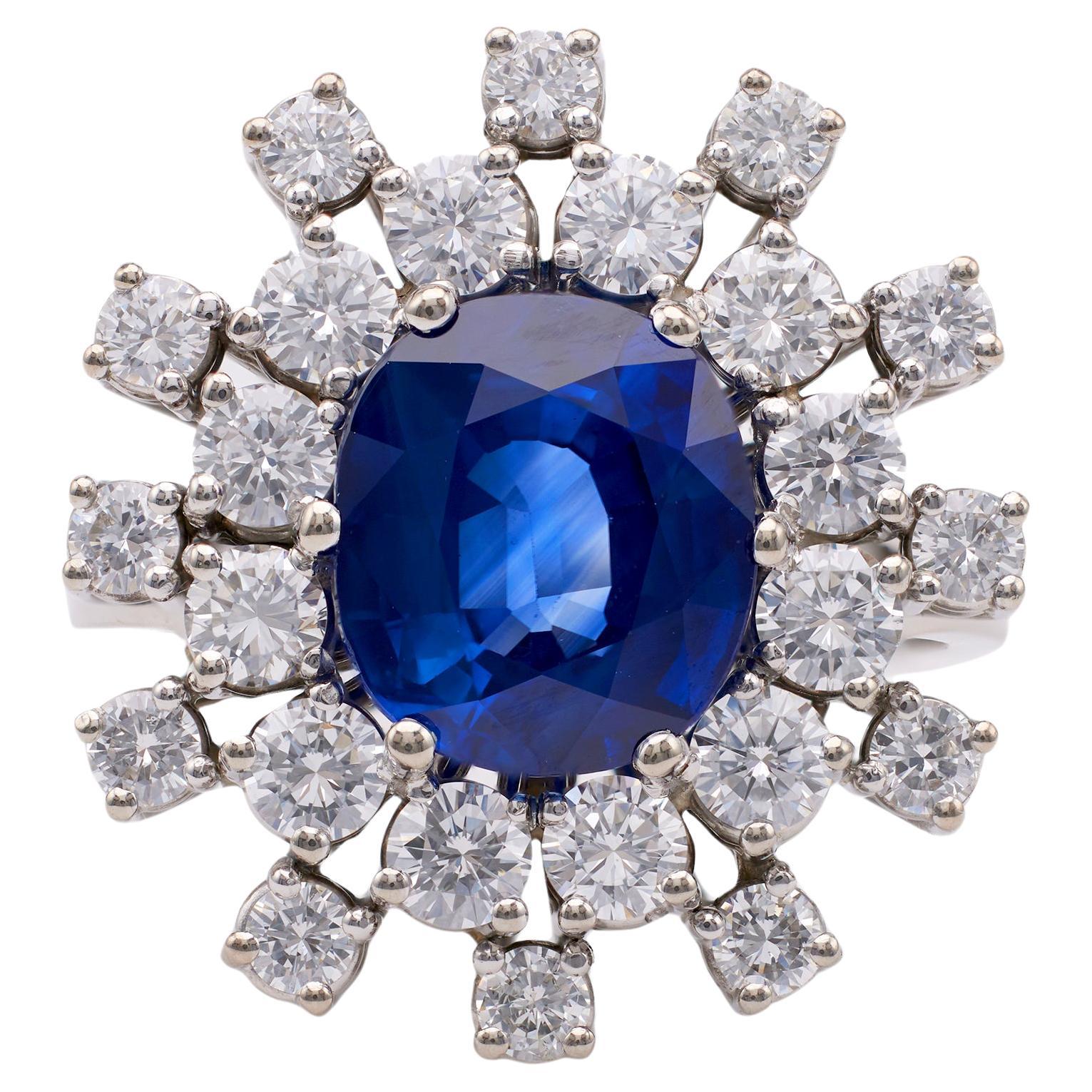 Vintage GIA 4.20 Carat Madagascan Sapphire and Diamond 18k White Gold Ring For Sale