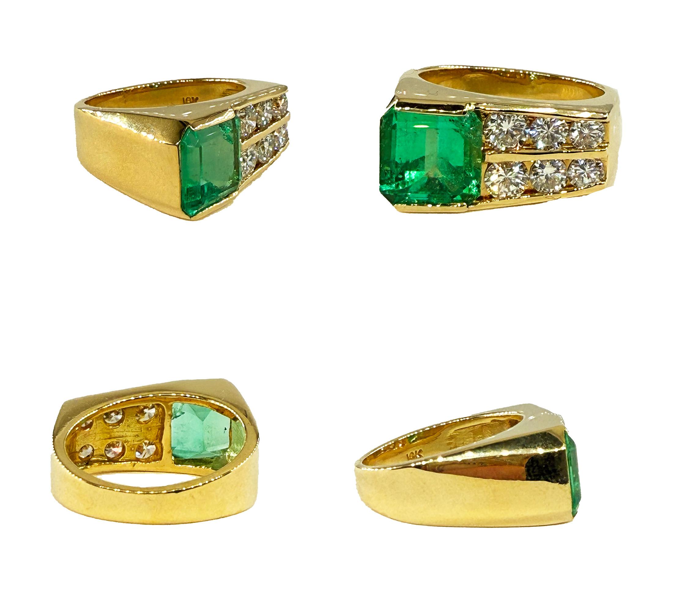 Vintage GIA 4.20ctw Natural Colombian Green Emerald Diamond 18K Yellow Gold Ring For Sale 12