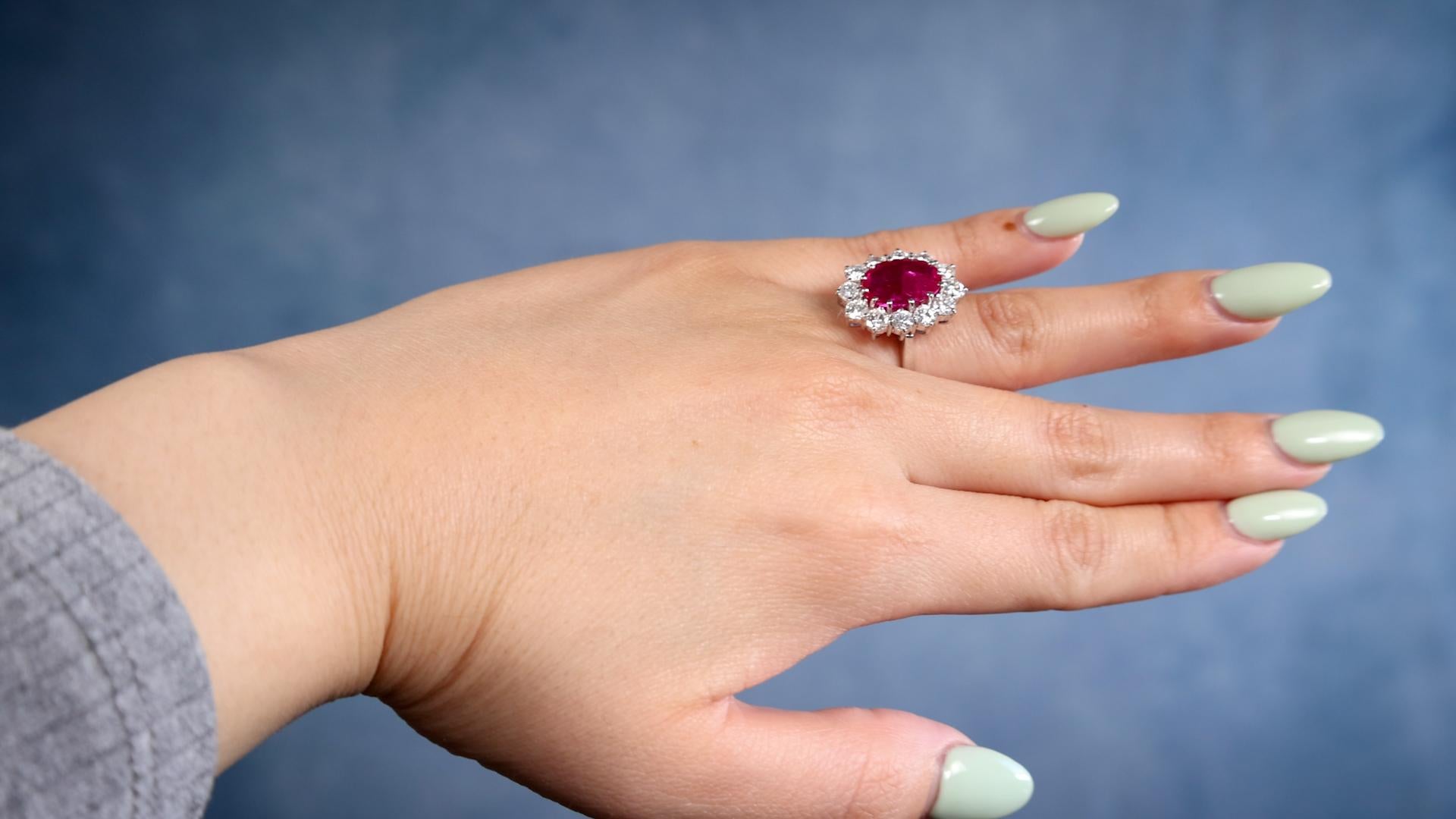 Mixed Cut Vintage GIA 4.26 Carat Ruby Diamond 18k White Gold Cluster Ring For Sale