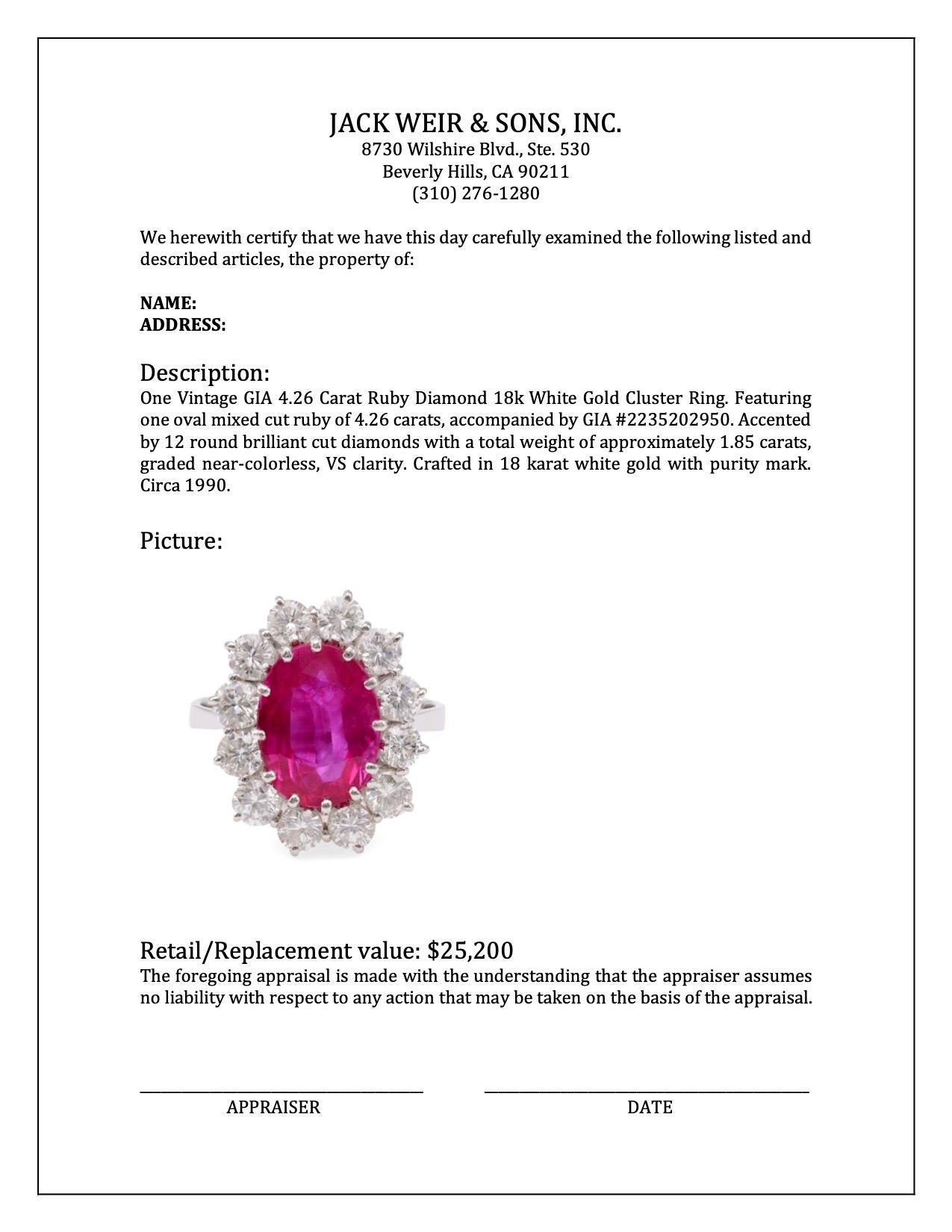 Vintage GIA 4.26 Carat Ruby Diamond 18k White Gold Cluster Ring For Sale 2
