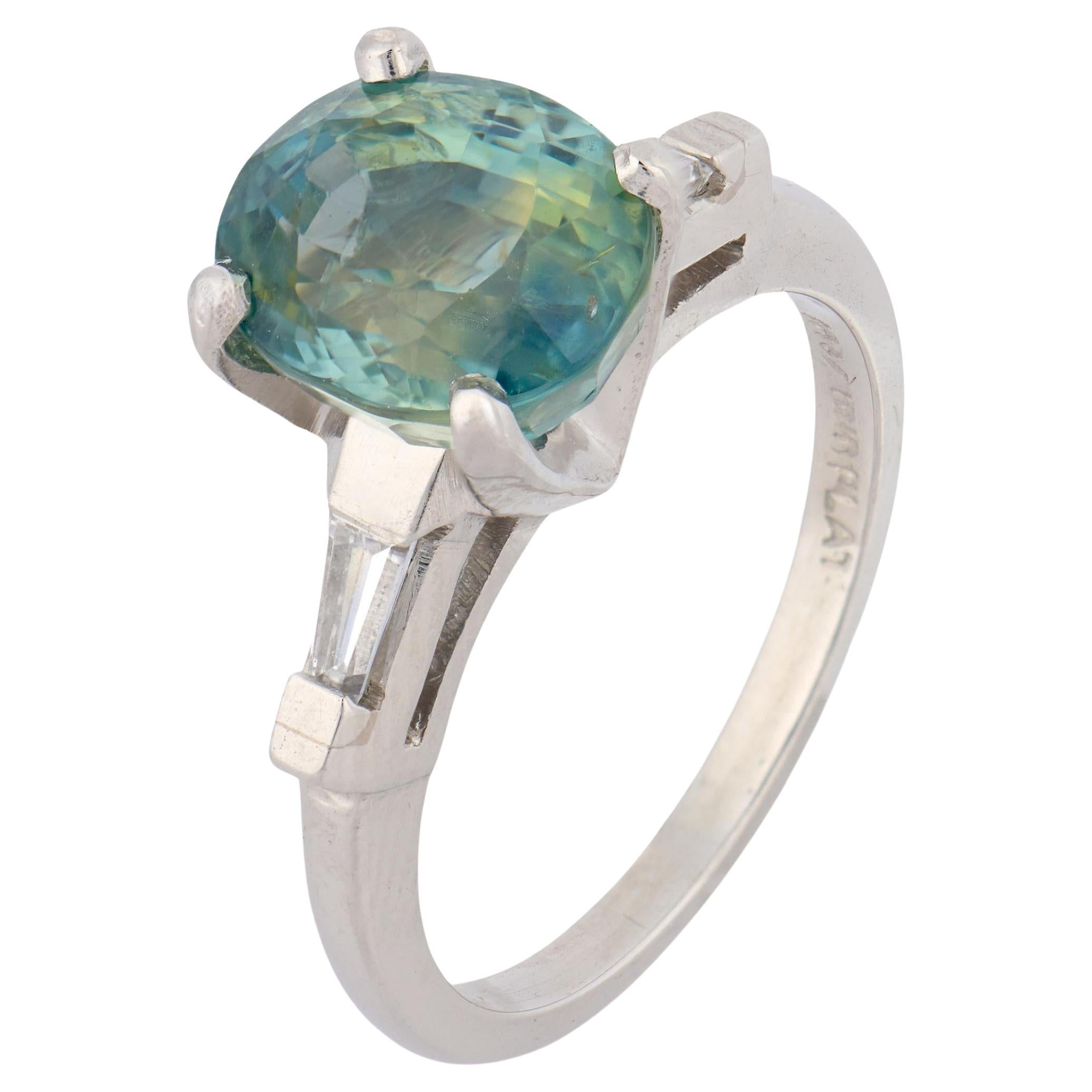 Vintage GIA 4.30 carat no heat teal sapphire diamond platinum ring For Sale