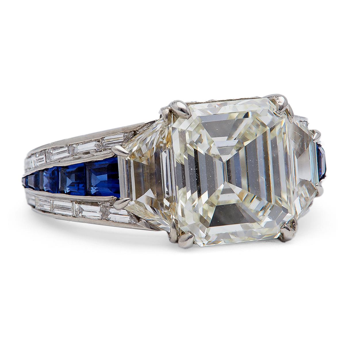 Vintage GIA 4.54 Carat Emerald Cut Diamond Sapphire Platinum Ring For Sale 1