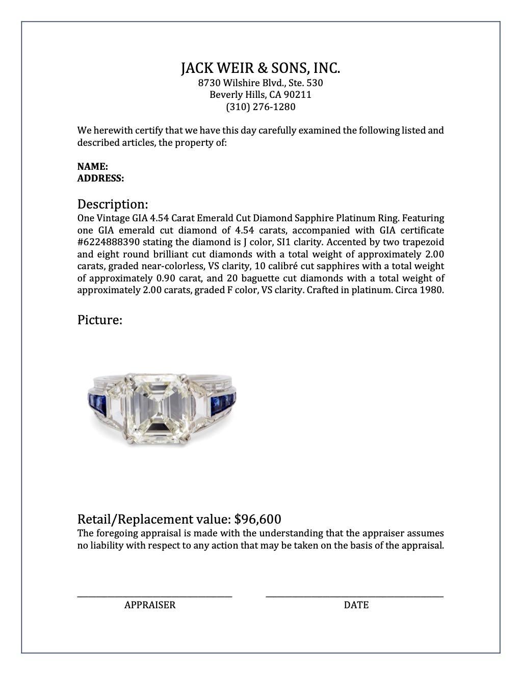 Vintage GIA 4.54 Carat Emerald Cut Diamond Sapphire Platinum Ring For Sale 4