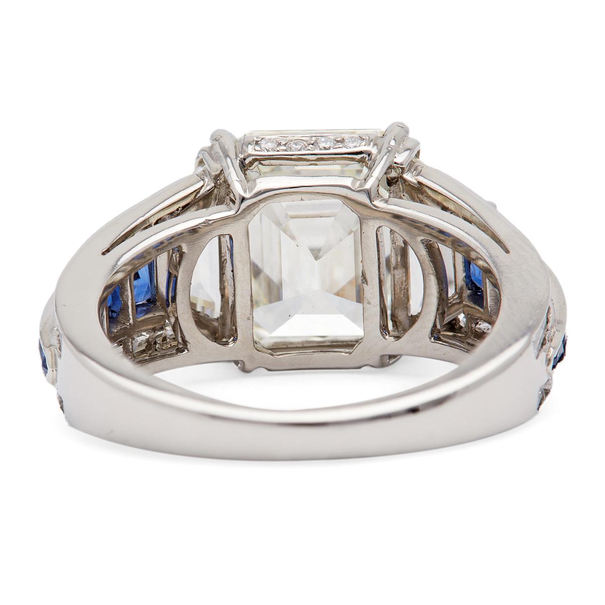 Vintage GIA 4.54 Carat Emerald Cut Diamond Sapphire Platinum Ring For Sale 2
