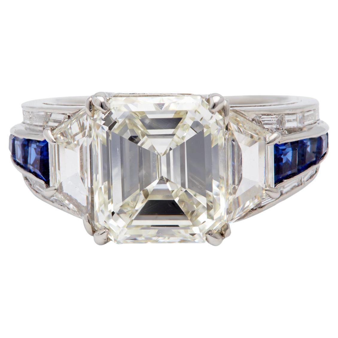 Vintage GIA 4.54 Carat Emerald Cut Diamond Sapphire Platinum Ring