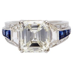 Vintage GIA 4.54 Carat Emerald Cut Diamond Sapphire Platinum Ring