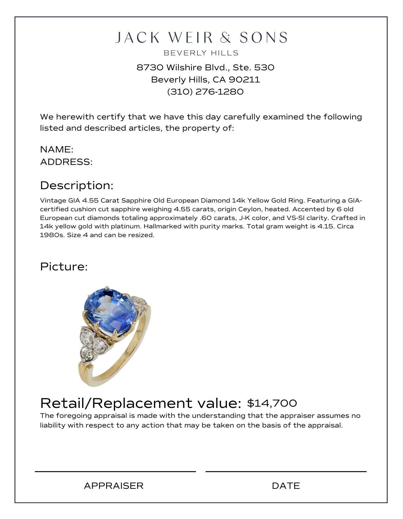 Bague vintage en or jaune 14 carats avec saphir de 4,55 carats et diamant européen ancien certifié GIA Pour femmes en vente