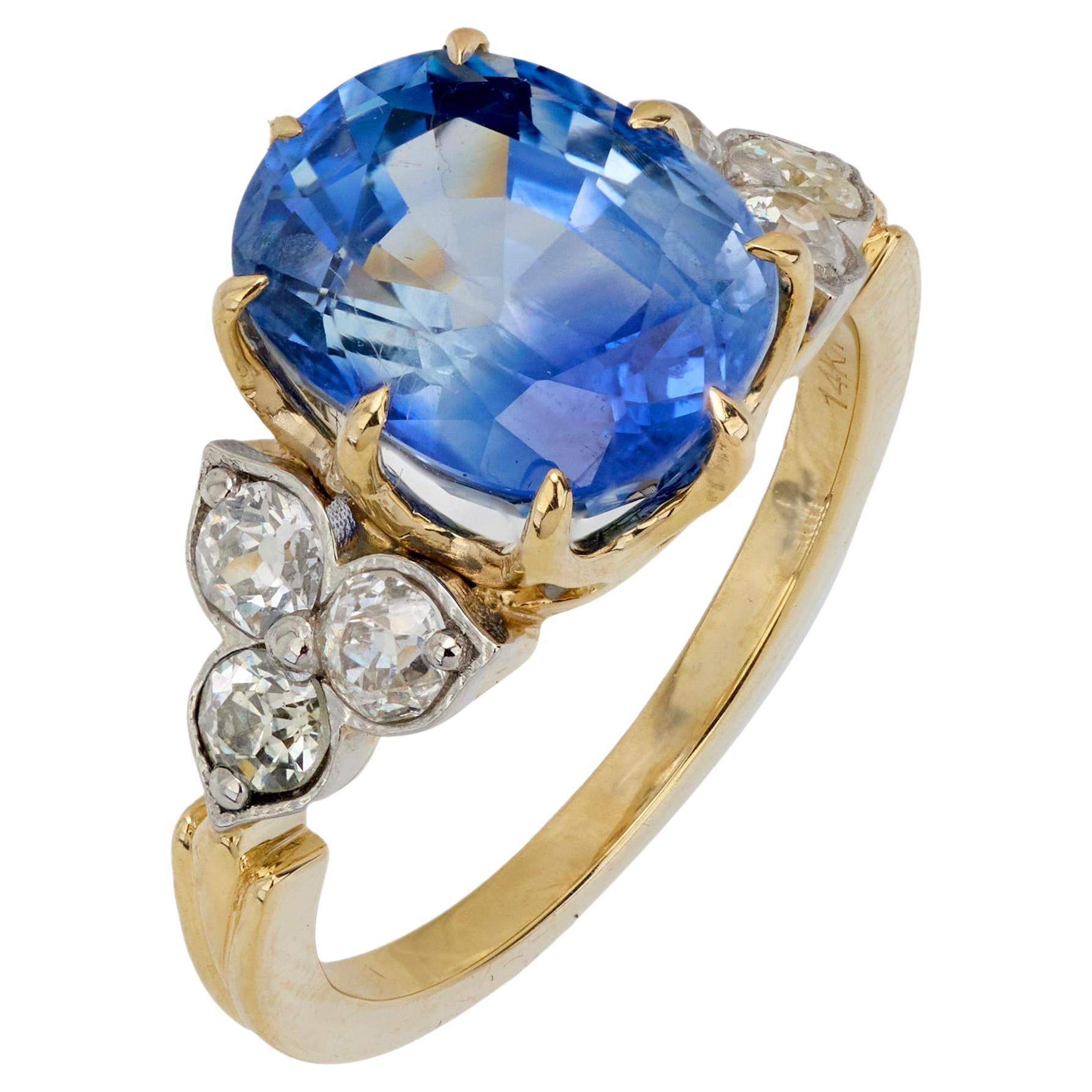 Vintage GIA 4.55 carat sapphire old European diamond 14k yellow gold ring