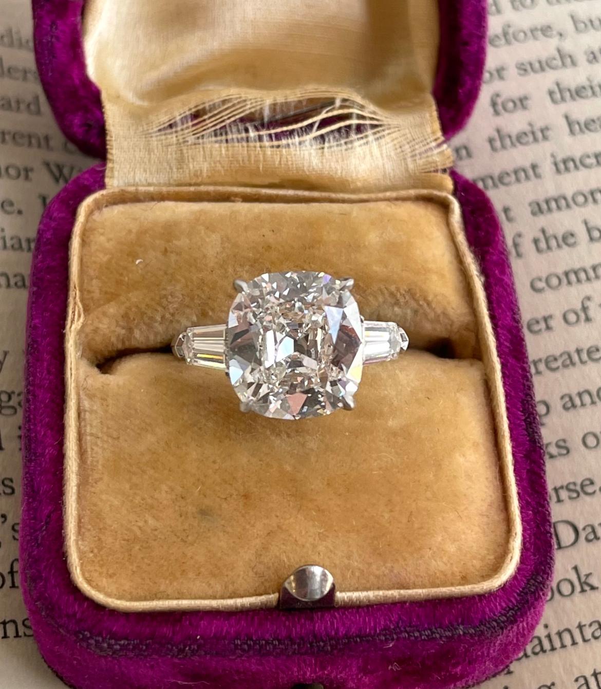 Vintage GIA 4.56 Carat Antique Cushion Cut Diamond Platinum Ring In Excellent Condition In Beverly Hills, CA