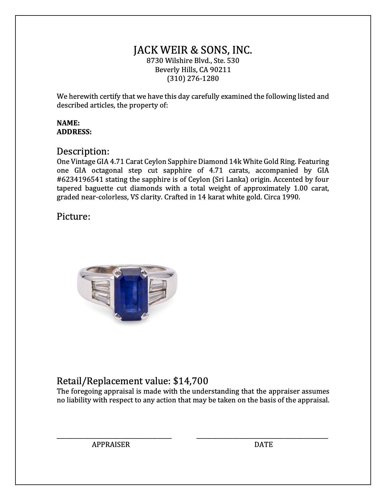 Vintage GIA 4.71 Carat Ceylon Sapphire Diamond 14k White Gold Ring For Sale 1