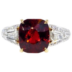 Vintage GIA 4.75ct Natural Deep Red Garnet Cushion 3-Stone Diamond 18k Ring