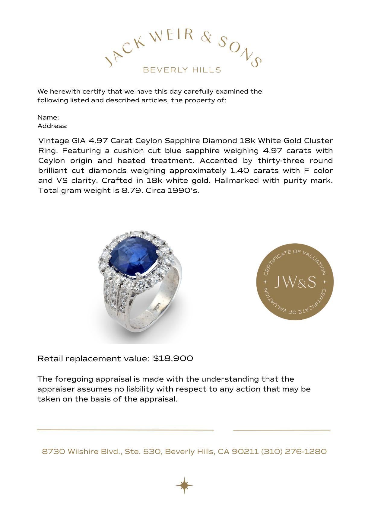 Anello a grappolo con zaffiro di Ceylon d'epoca GIA da 4,97 carati e diamante in oro bianco 18 carati in vendita 2