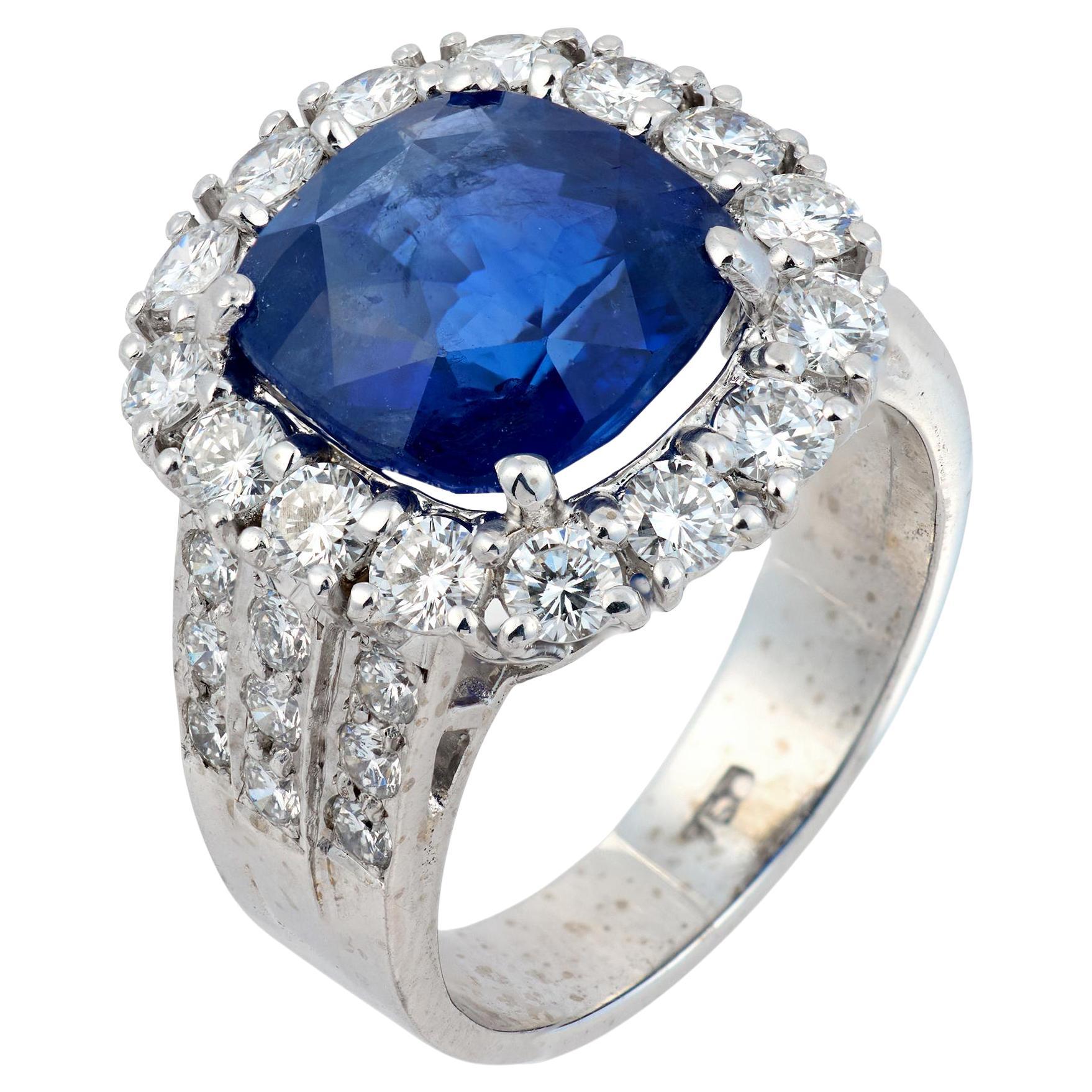 Vintage GIA 4.97 carat Ceylon sapphire diamond 18k white gold cluster ring