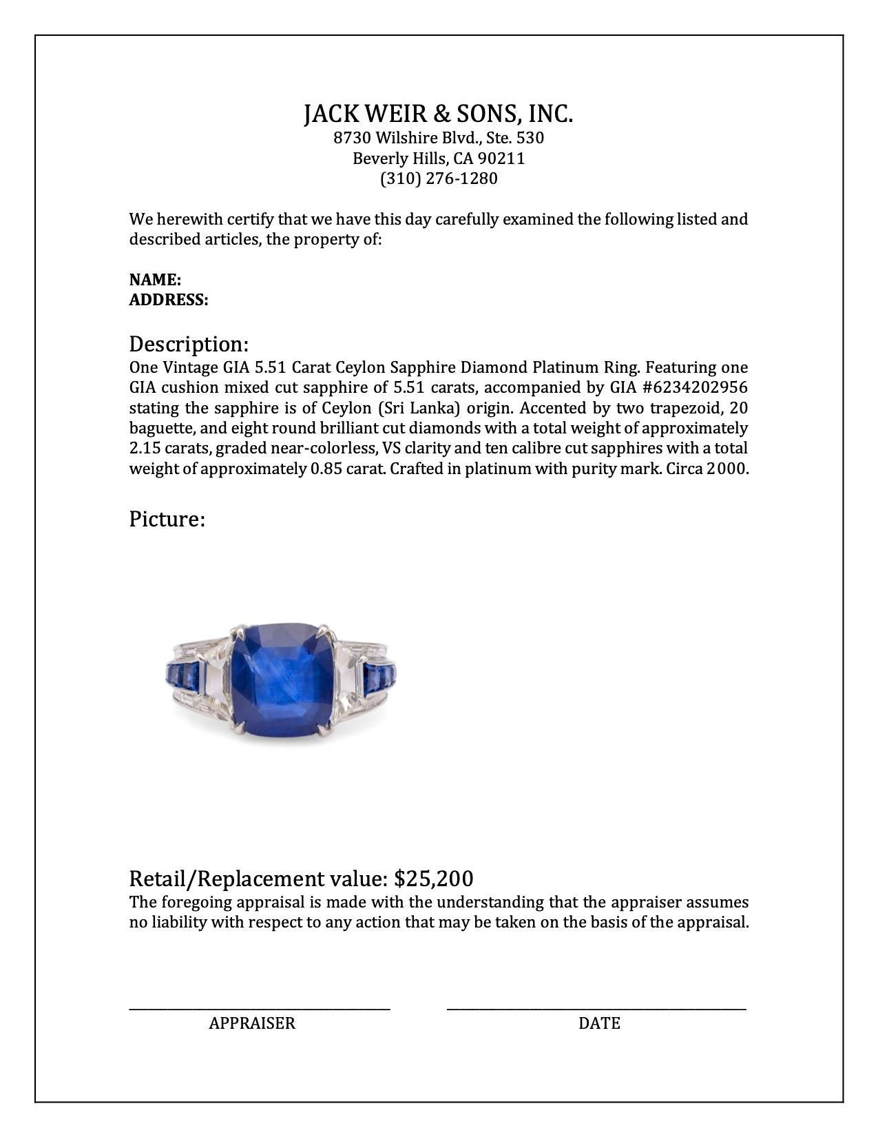Women's or Men's Vintage GIA 5.51 Carat Ceylon Sapphire Diamond Platinum Ring For Sale