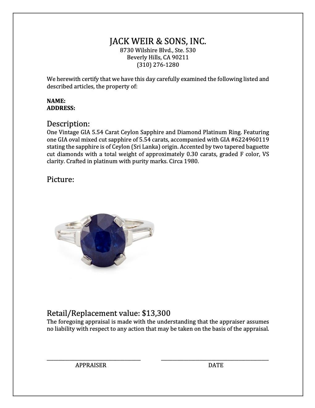 Vintage GIA 5.54 Carat Ceylon Sapphire and Diamond Platinum Ring 2