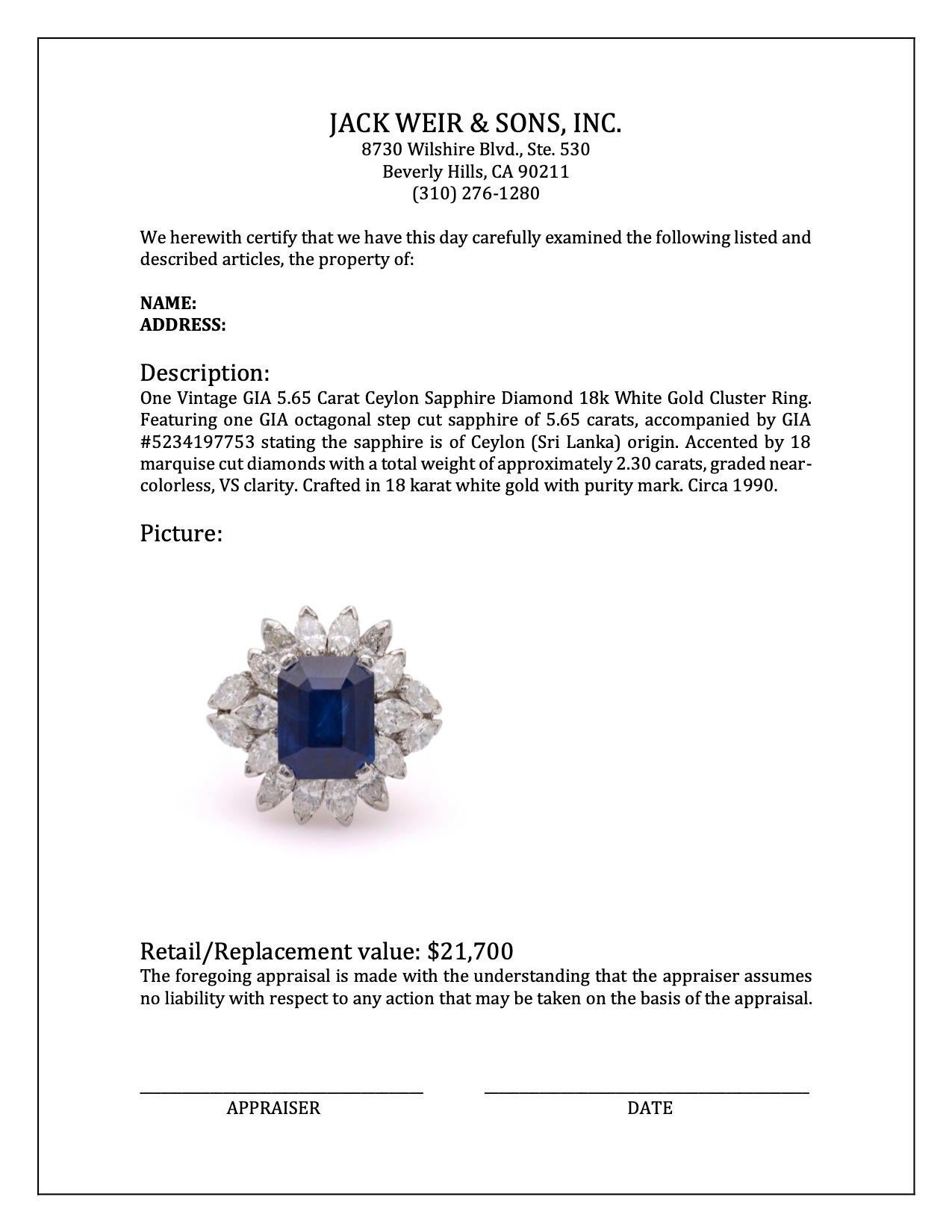 Vintage GIA 5.65 Carat Ceylon Sapphire Diamond 18k White Gold Cluster Ring For Sale 2