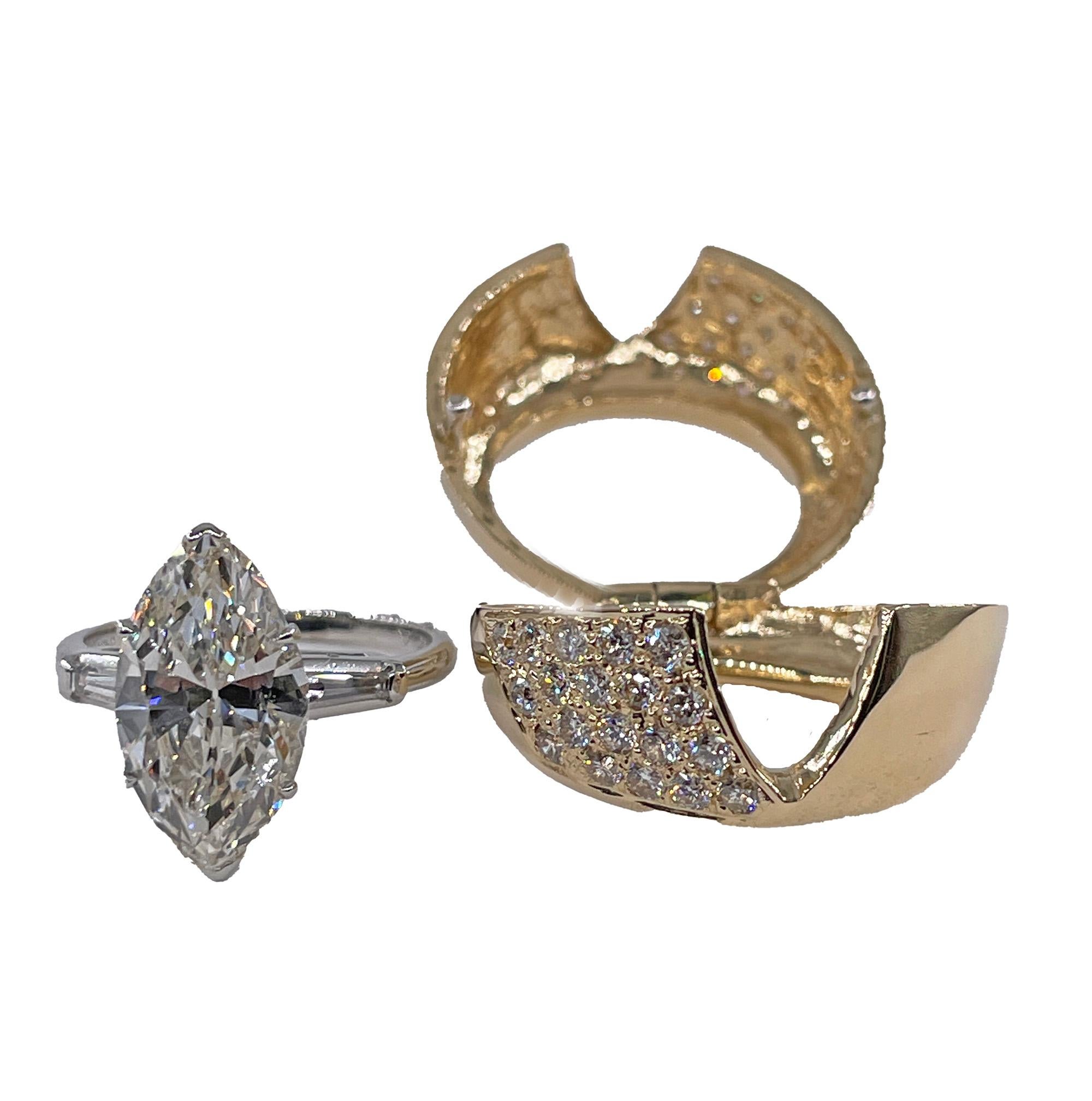 Vintage GIA 5.95ct Marquise Diamond Engagement Platinum Ring Gold Diamond Jacket en vente 12