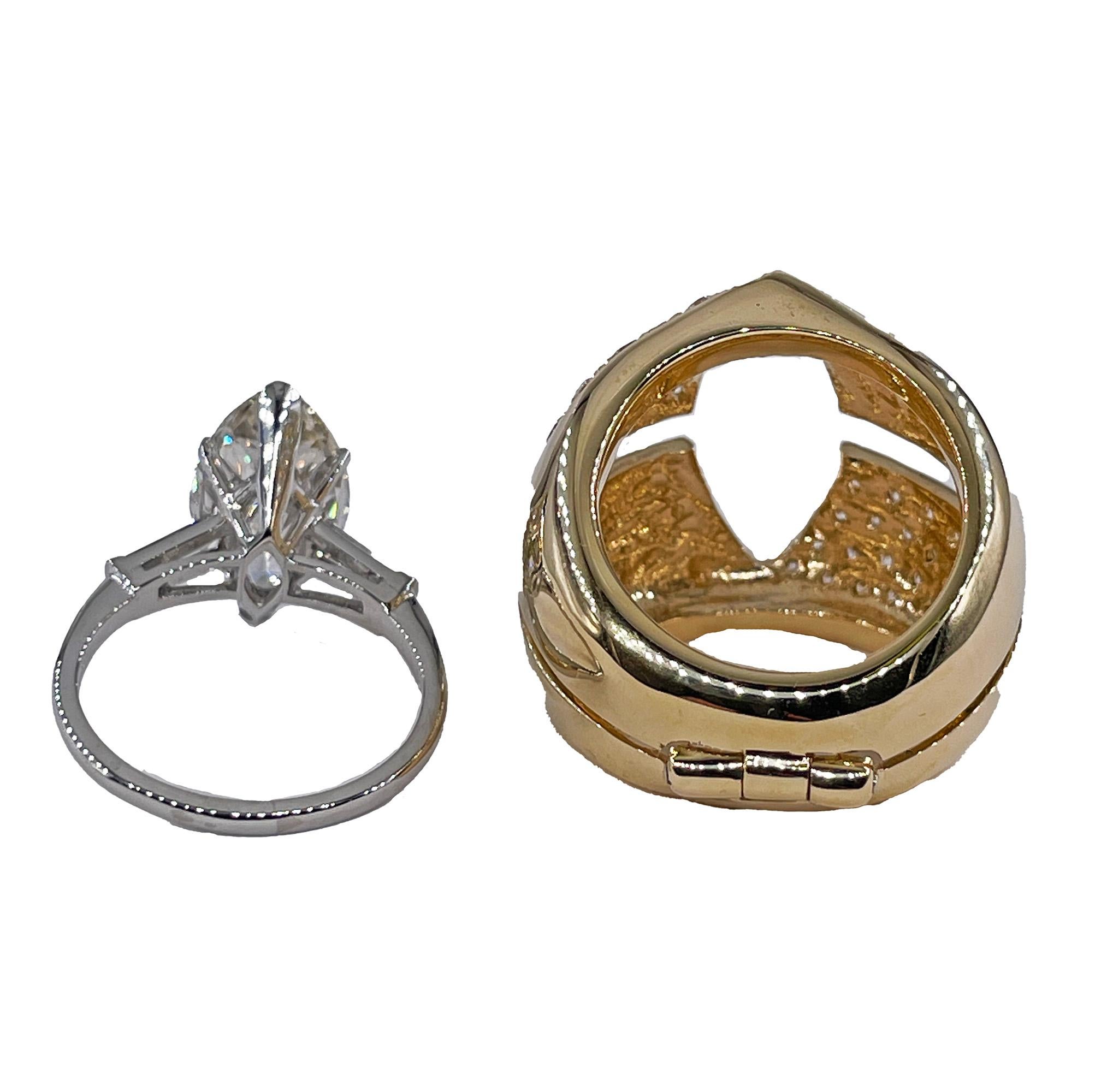 Vintage GIA 5.95ct Marquise Diamond Engagement Platinum Ring Gold Diamond Jacket en vente 13
