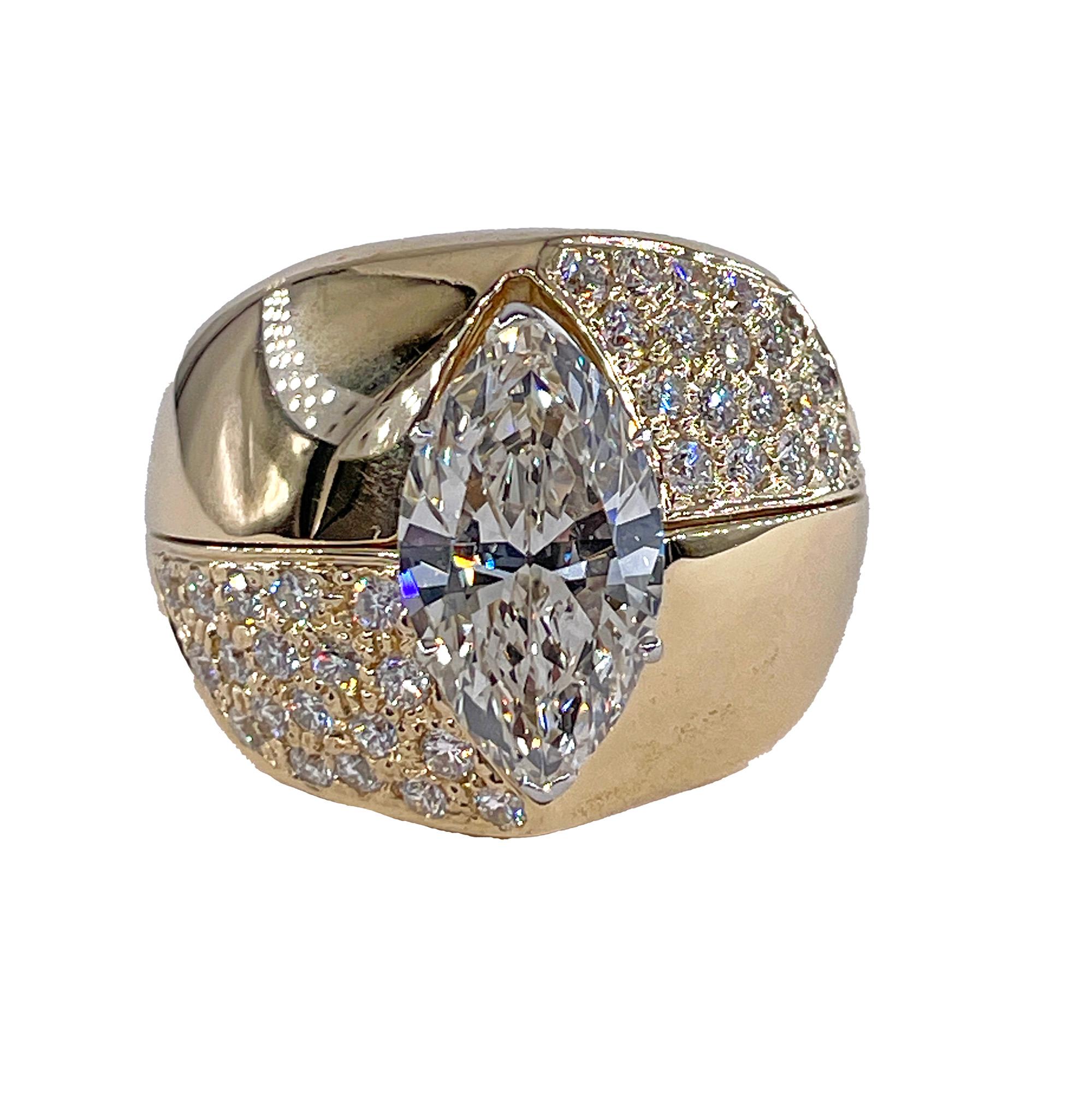 Vintage Diamond Engagement Three Stone Marquise Diamond Platinum Ring With Fitted 18K Yellow Gold Diamond Jacket

The 'Era of Excess', when bold and daring fashion, daring styles emblematic of the era. The era of demand for designer brands and