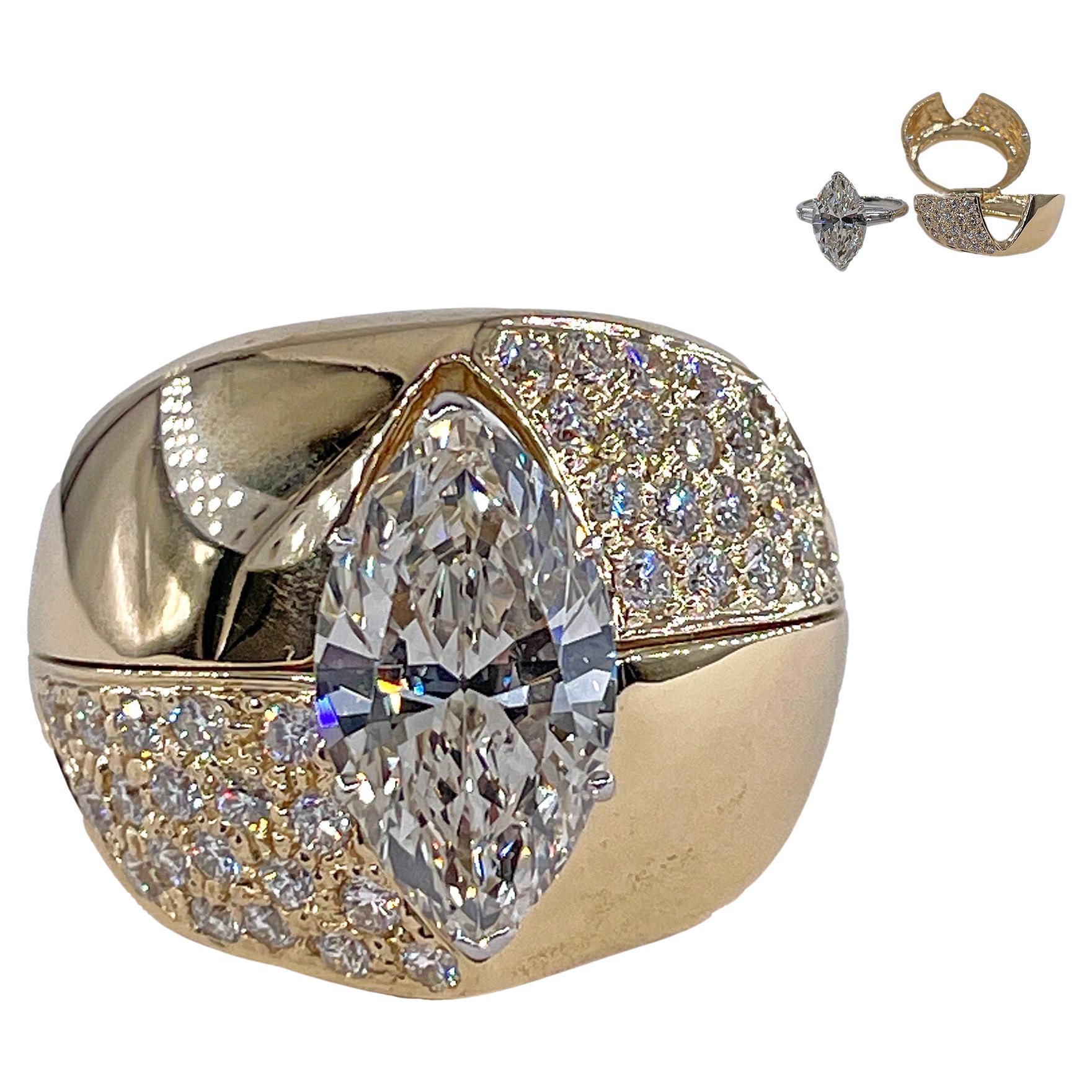 Vintage GIA 5.95ct Marquise Diamond Engagement Platinum Ring Gold Diamond Jacket en vente
