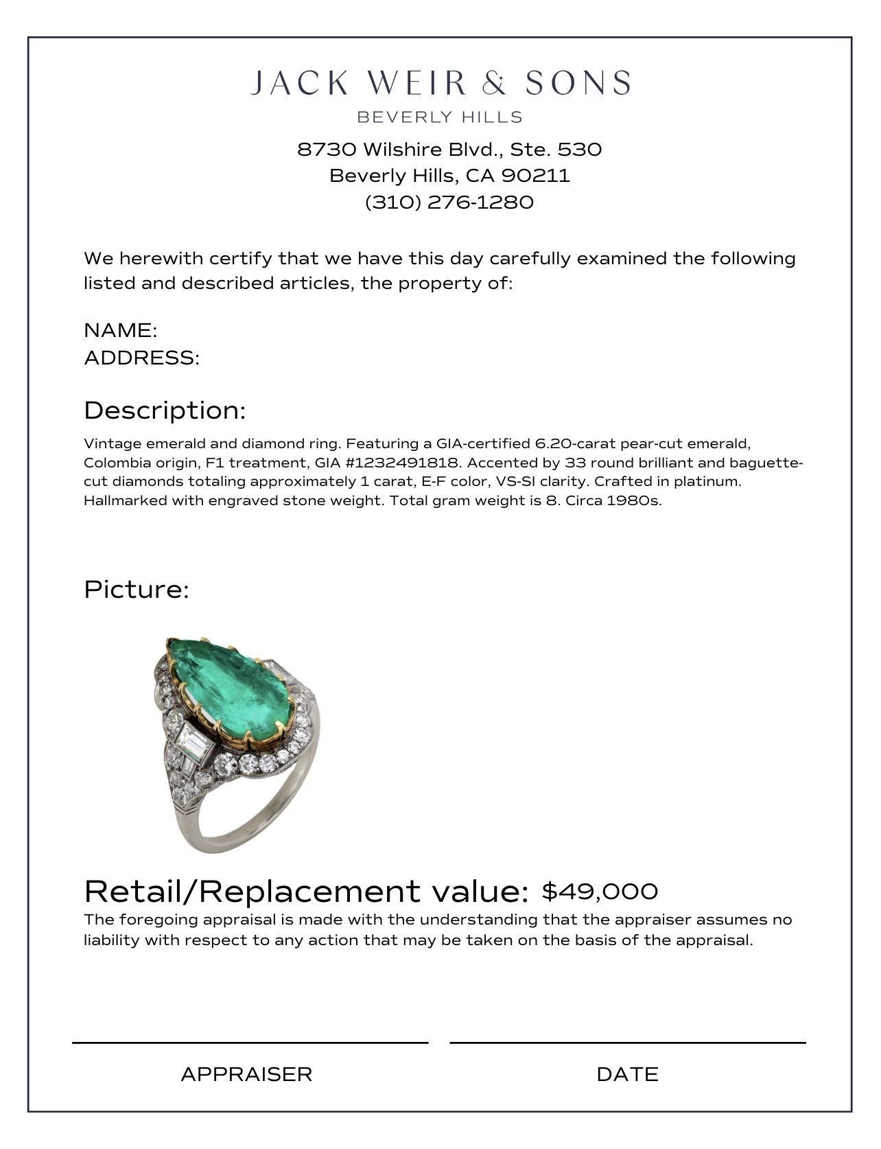 Vintage GIA 6.20 carat Colombian emerald diamond platinum ring For Sale 1