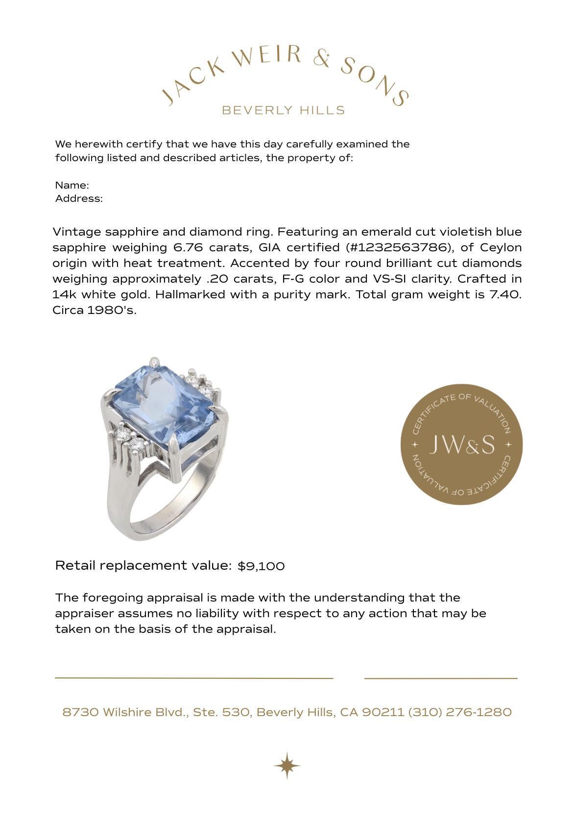 De las mujeres Vintage GIA 6,76 quilates zafiro diamante 14k anillo de cóctel de oro blanco en venta