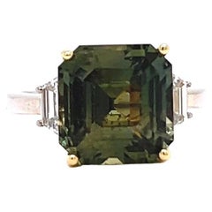 Vintage GIA 6.76 Carats Yellowish Green No Heat Sapphire 18 Karat Gold Ring