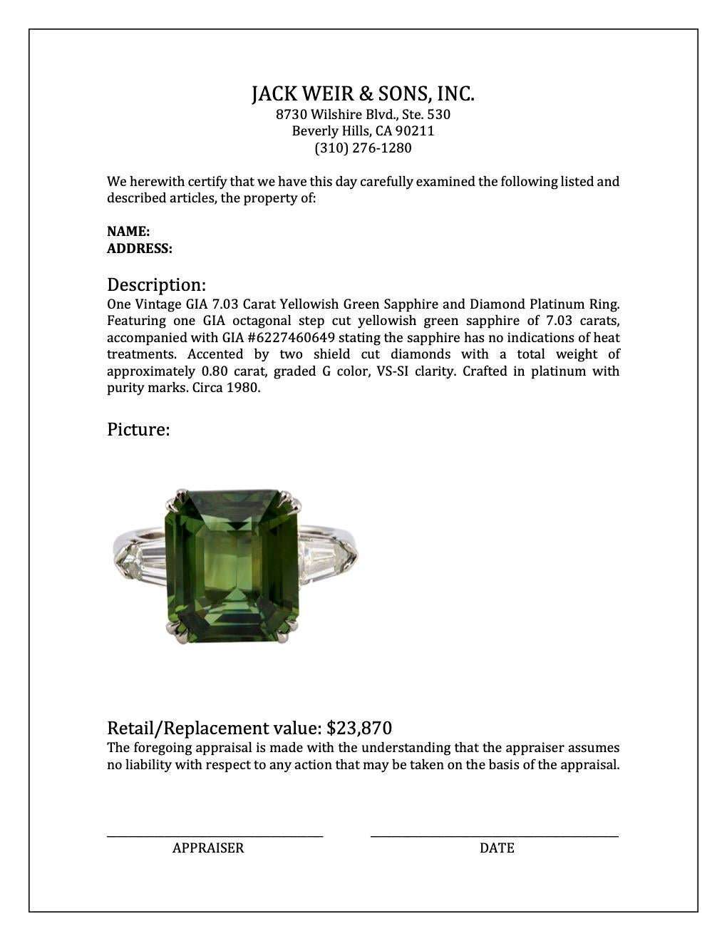 Vintage GIA 7.03 Carat Yellowish Green Sapphire and Diamond Platinum Ring 2