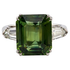Vintage GIA 7.03 Carat Yellowish Green Sapphire and Diamond Platinum Ring