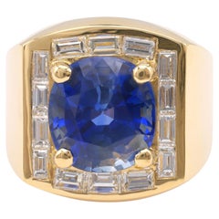 Vintage GIA 8.77 Carat Sapphire Diamond Yellow Gold Cocktail Ring