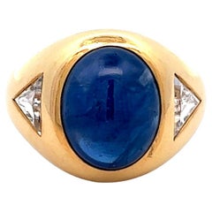 Vintage GIA 8.10 Carats Sri Lanka Sapphire Diamond 18k Gold Bezel Set Ring