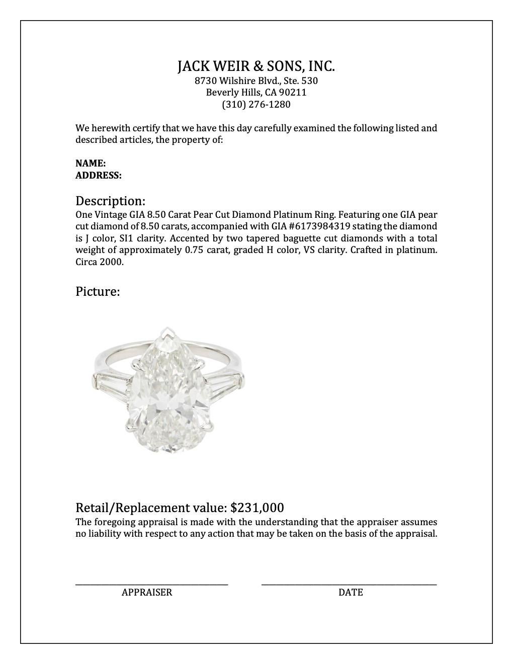 Vintage GIA 8.50 Carat Pear Cut Diamond Platinum Ring For Sale 4