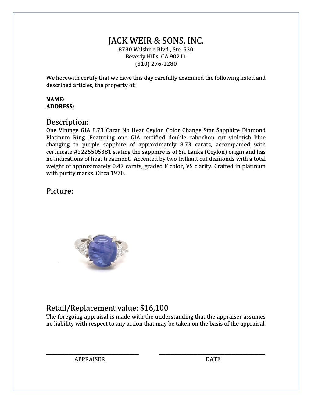 Vintage GIA 8.73 Carat Cabochon Star Sapphire Diamond Platinum Ring 4