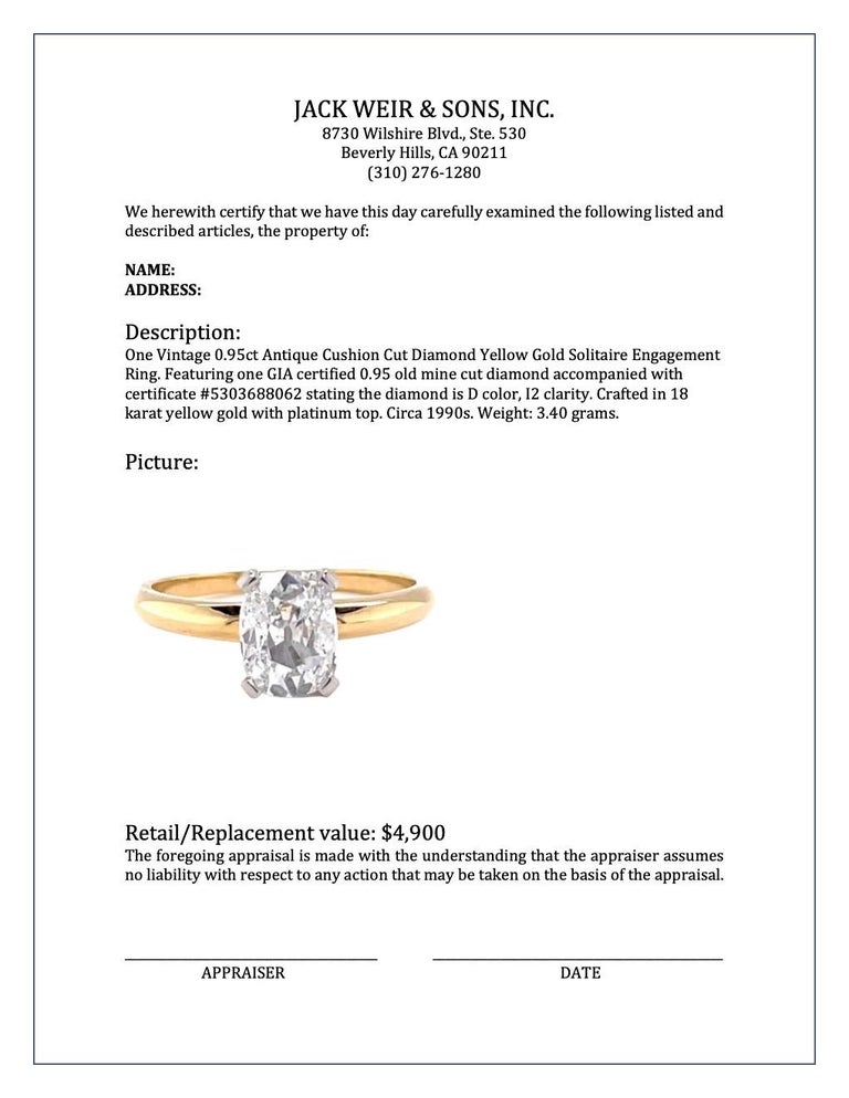 Vintage GIA Antique D Color Cushion Cut Diamond 18 Karat Gold Engagement Ring For Sale 3