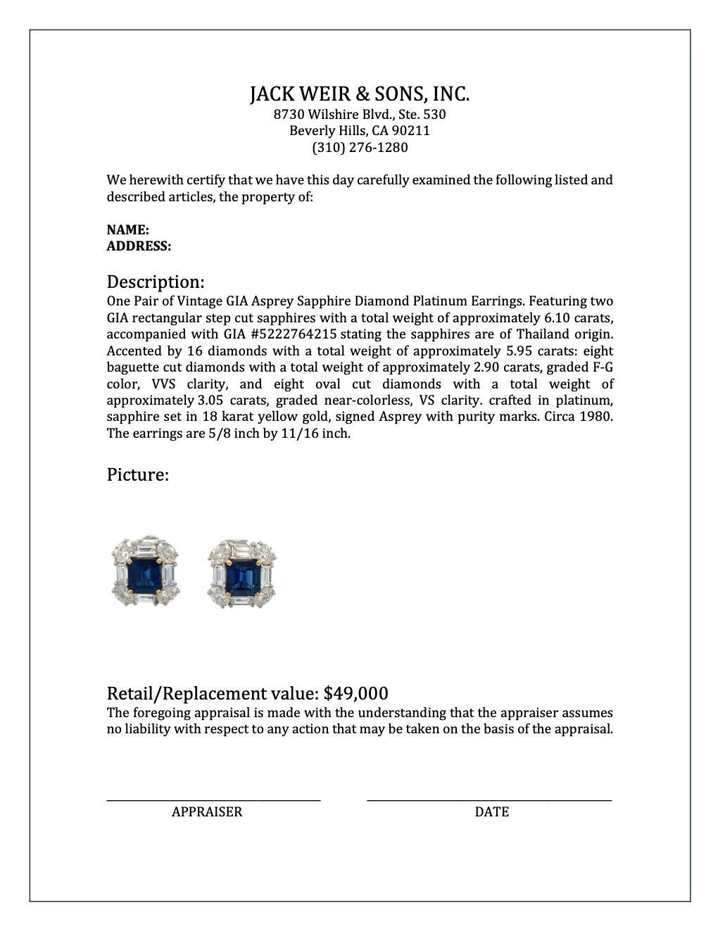 Vintage GIA Asprey Sapphire Diamond Platinum Earrings 3