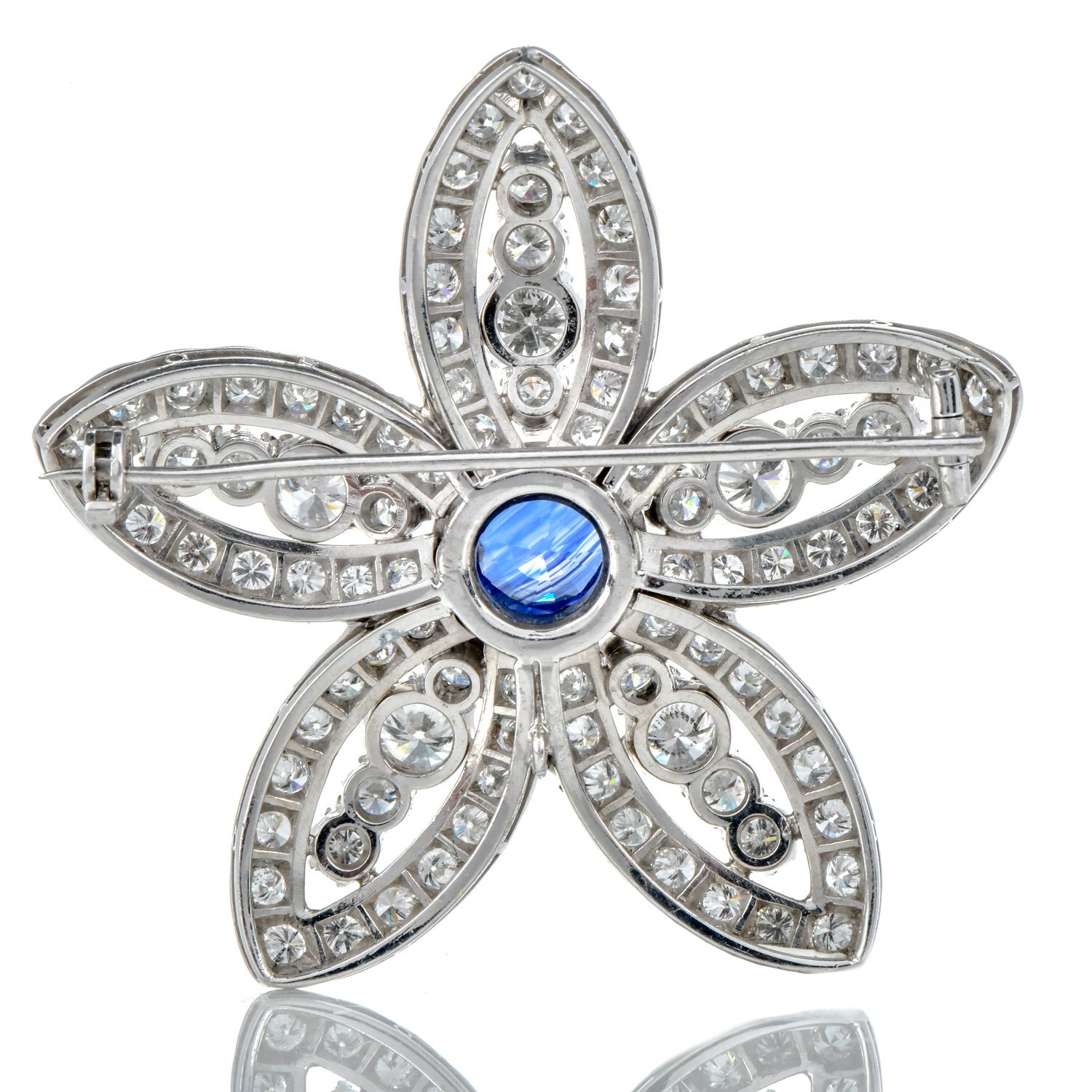 Vintage GIA Blue Sapphire Diamond Platinum Star Flower Brooch Pin In Excellent Condition For Sale In Miami, FL