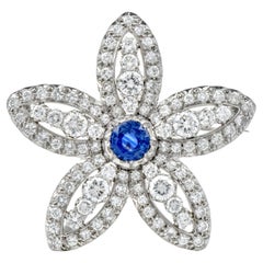 Vintage GIA Blue Sapphire Diamond Platinum Star Flower Brooch Pin