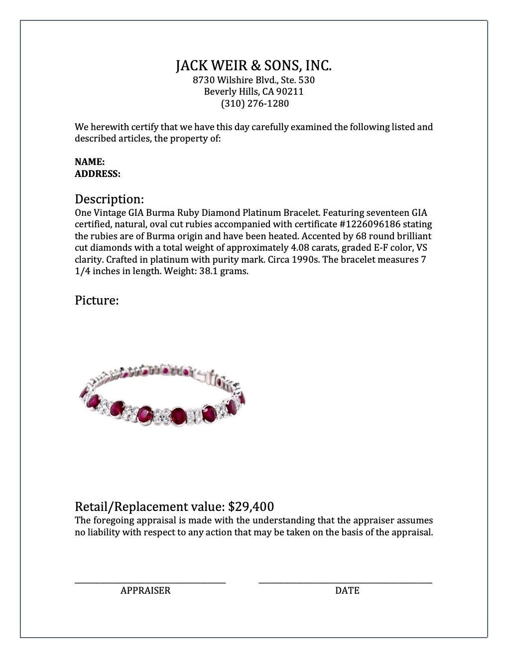 Vintage GIA Burma Ruby Diamond Platinum Bracelet 2