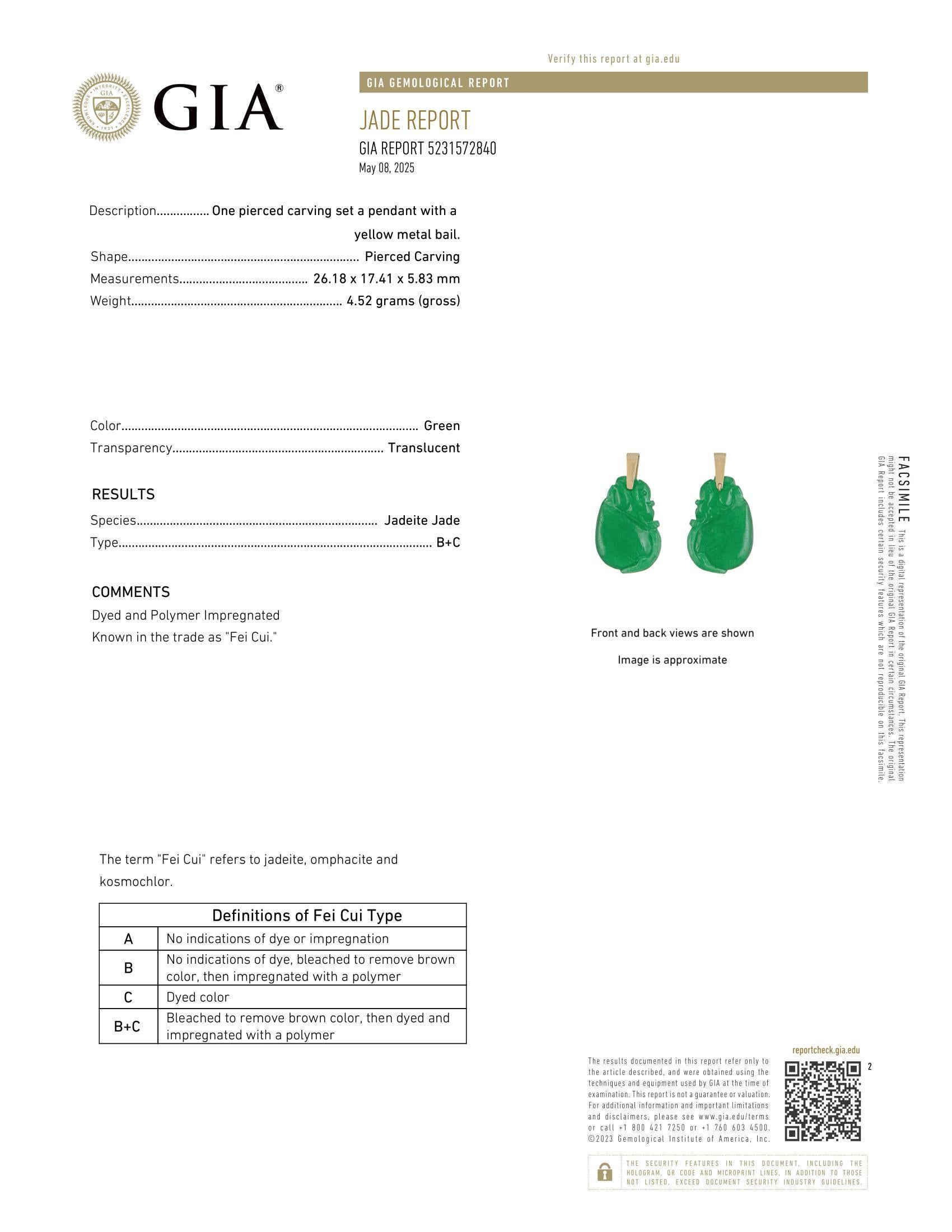 Vintage GIA geschnitzt Apfel grüne Jade Anhänger w / 14k Gelbgold Swivel Bail Damen im Angebot