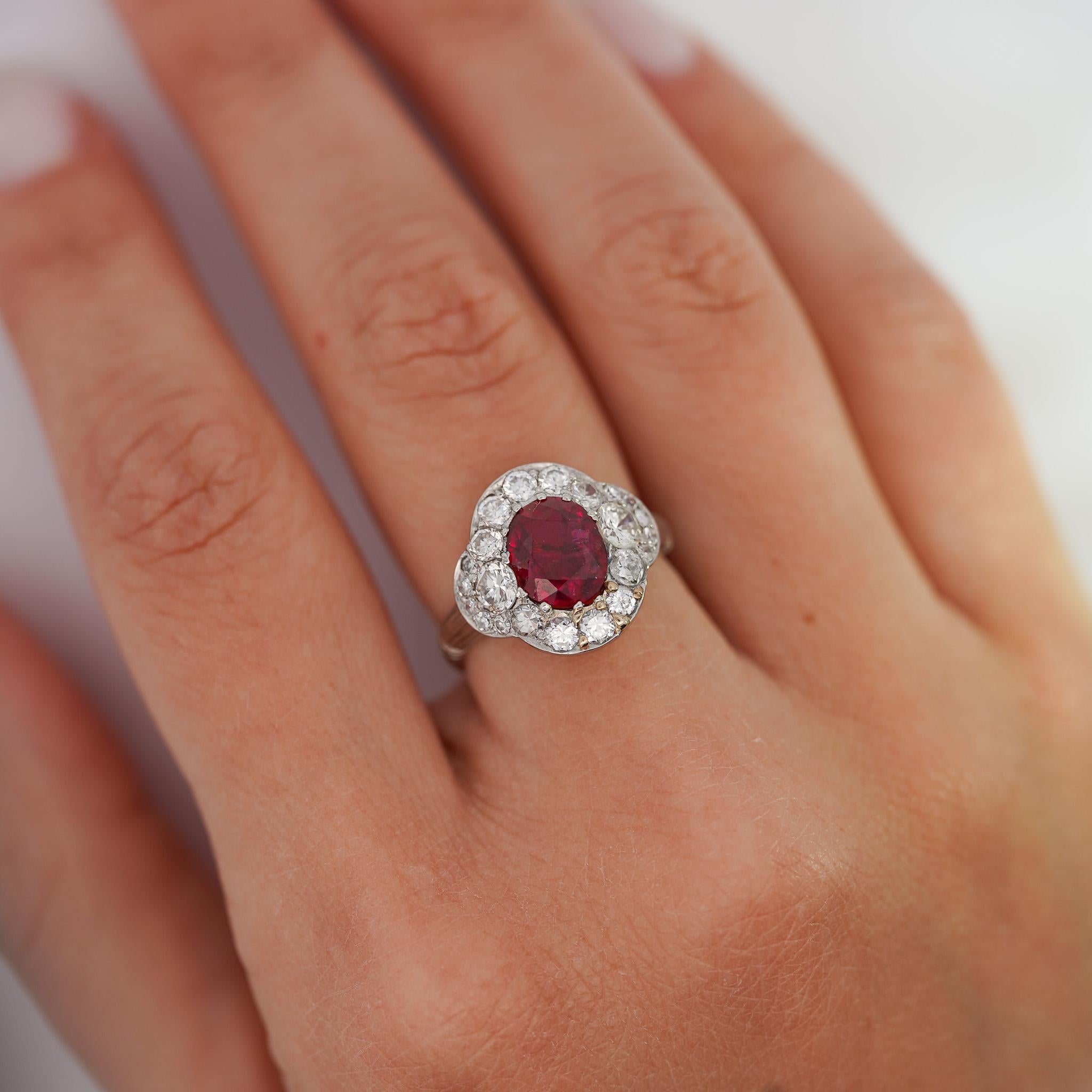 Vintage GIA Cert. 2.3 Carat No Heat Burma Ruby & Diamond in Platinum Ring For Sale 4