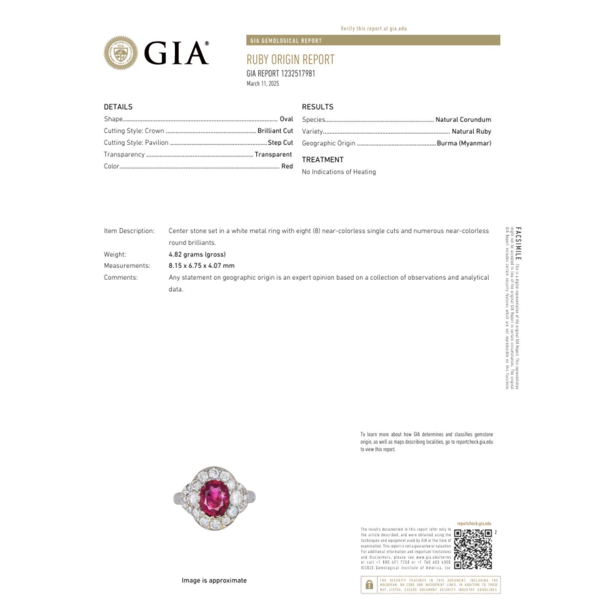 Retro Vintage GIA Cert. 2.3 Carat No Heat Burma Ruby & Diamond in Platinum Ring For Sale