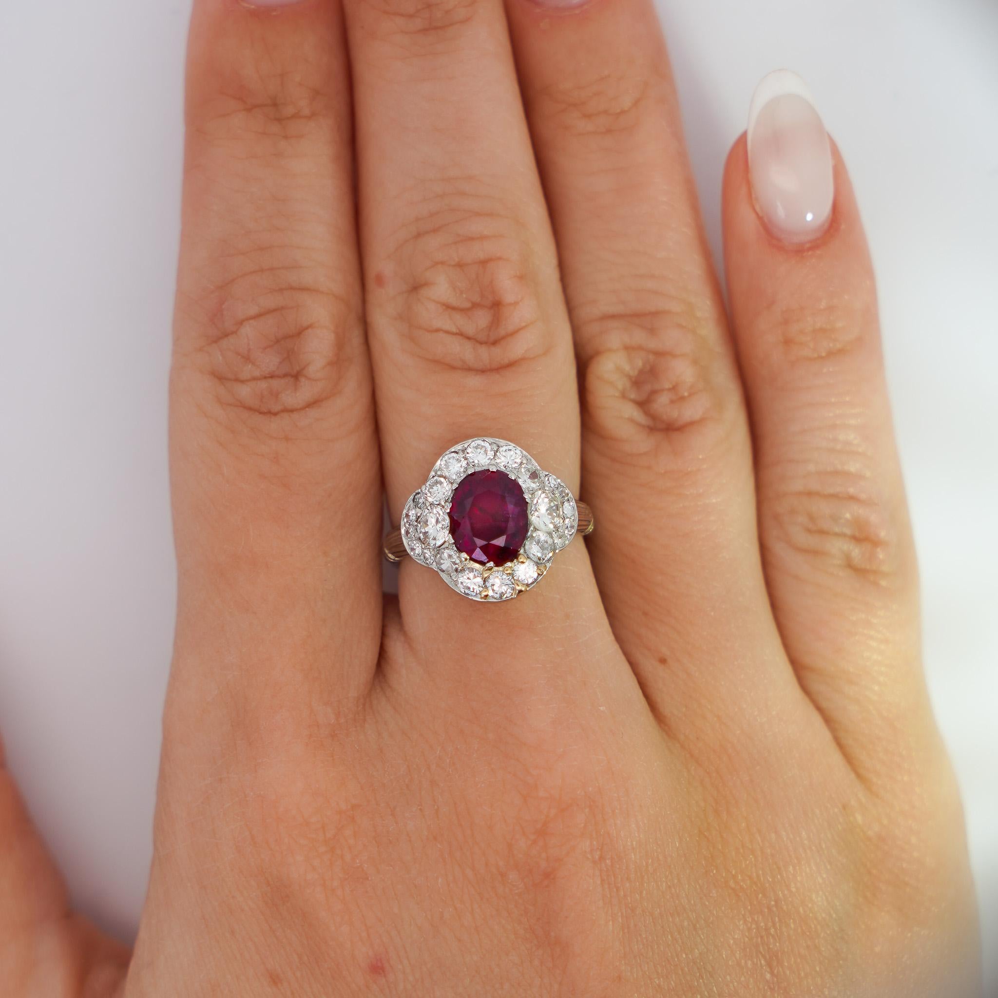 Oval Cut Vintage GIA Cert. 2.3 Carat No Heat Burma Ruby & Diamond in Platinum Ring For Sale