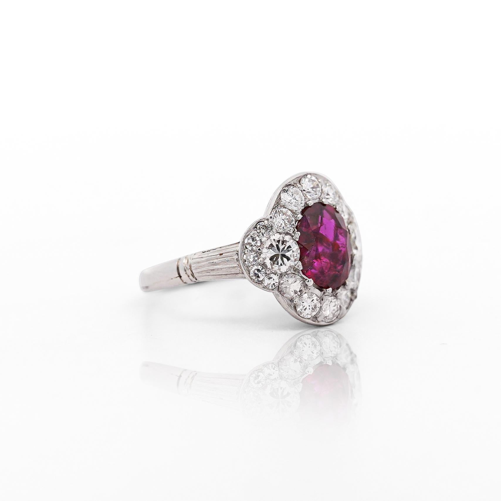 Vintage GIA Cert. 2.3 Carat No Heat Burma Ruby & Diamond in Platinum Ring In Excellent Condition For Sale In Miami, FL