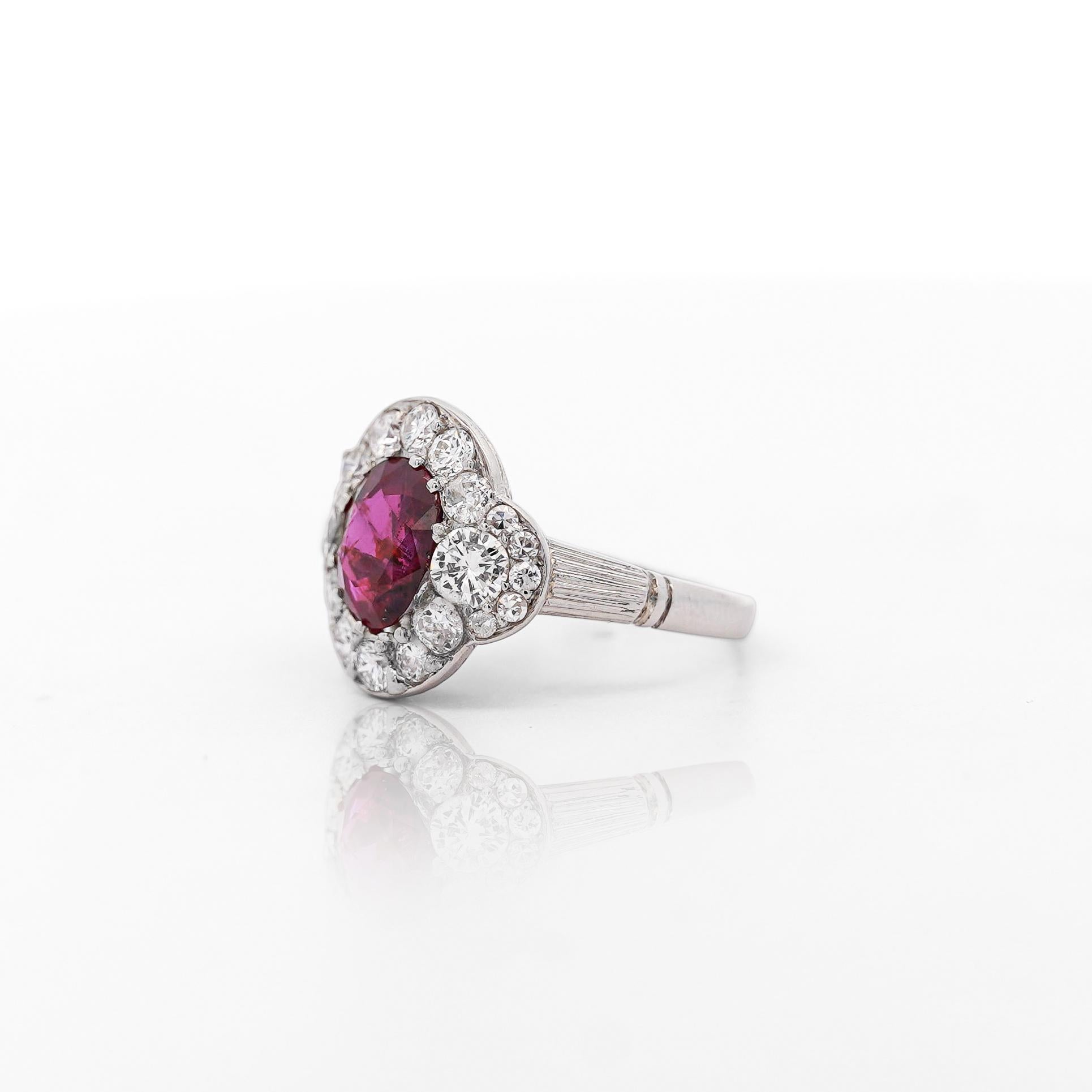 Women's Vintage GIA Cert. 2.3 Carat No Heat Burma Ruby & Diamond in Platinum Ring For Sale