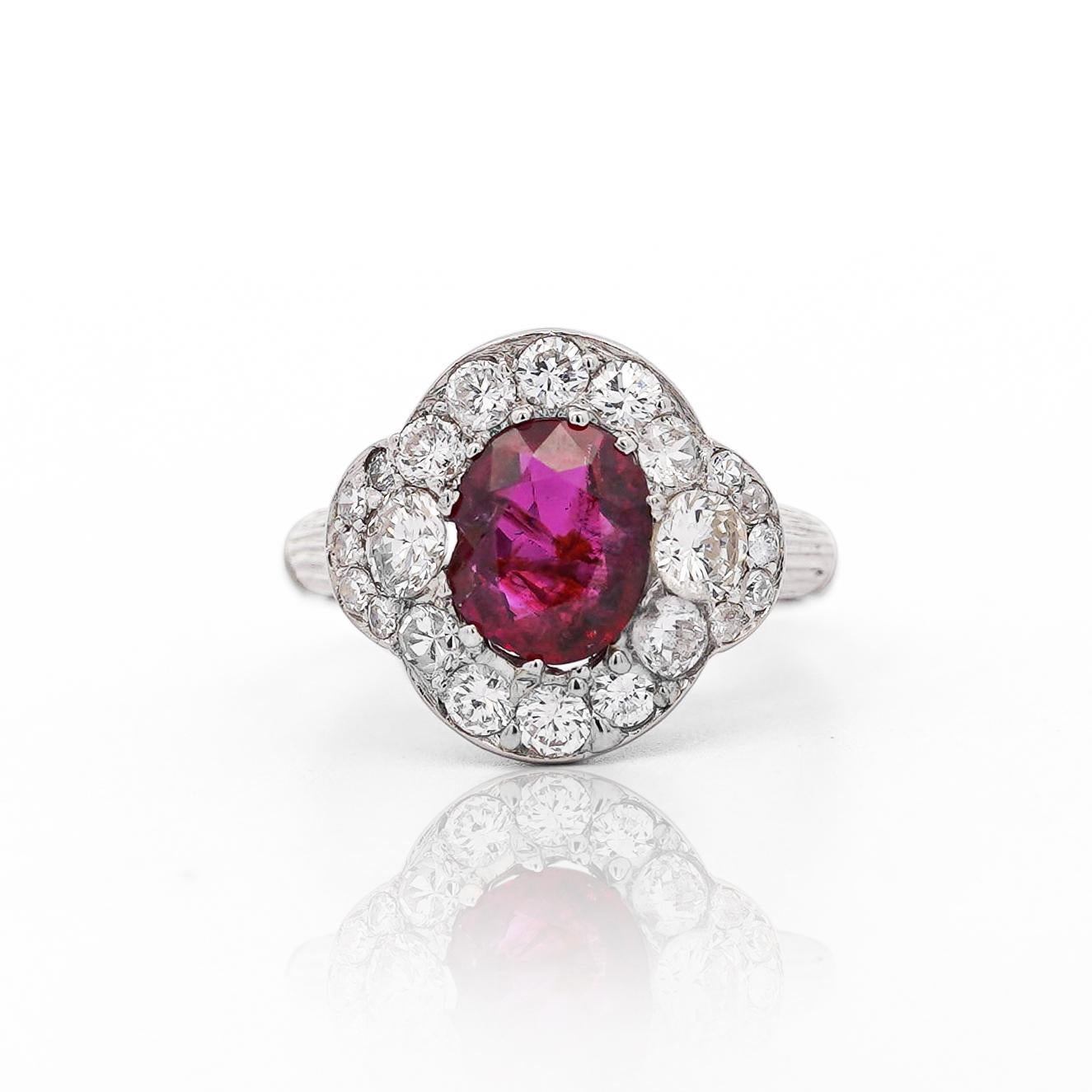 Vintage GIA Cert. 2.3 Carat No Heat Burma Ruby & Diamond in Platinum Ring For Sale 2