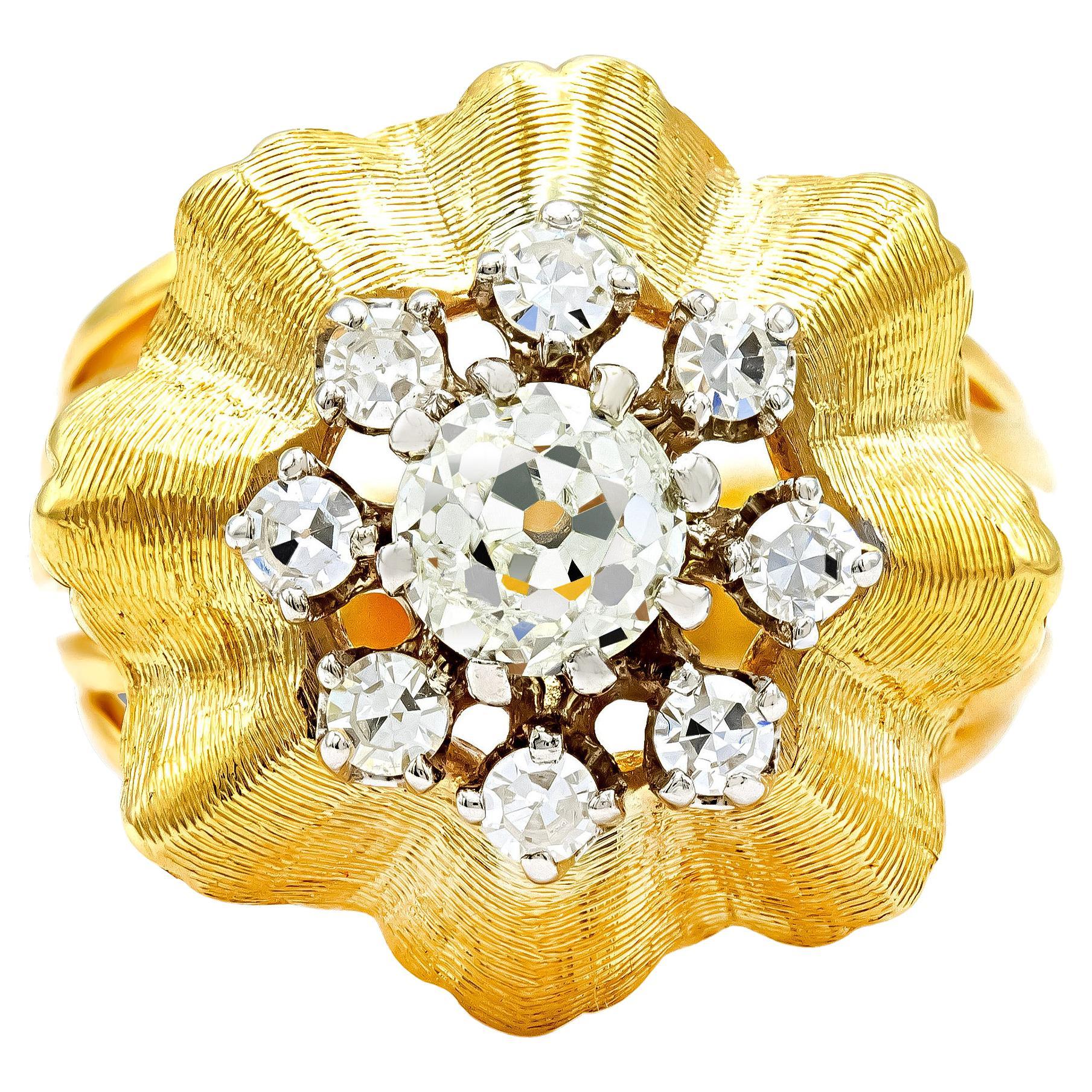 Vintage GIA Certified 0.89 Ct. Diamond and 14kt Yellow Gold Cluster Ring L I1