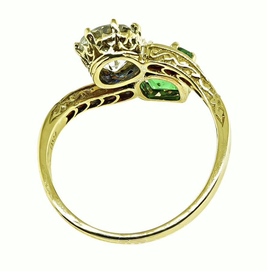 Old European Cut Vintage GIA Certified 1.33ct Diamond 1.50ct Colombian Emerald Crossover Ring For Sale